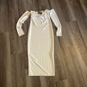 PrettyLittleThing Cream Off-Shoulder Long Sleeve Midi Dress